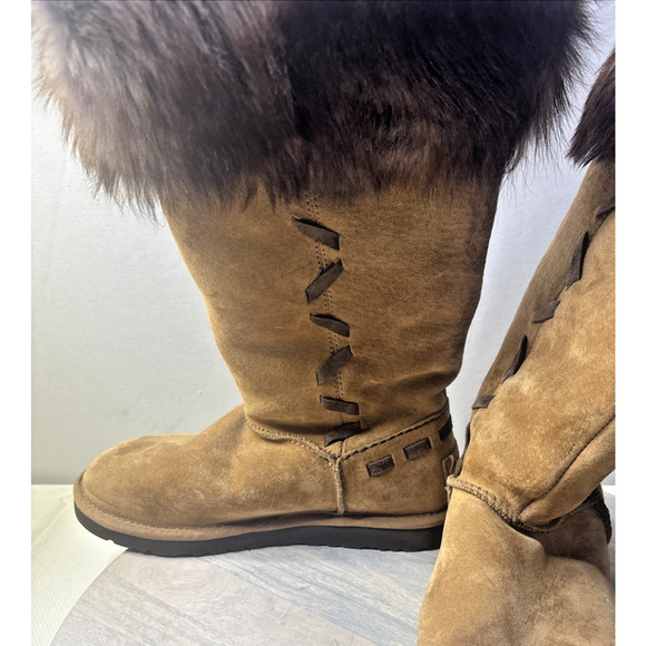 UGG Australia Fur Cuff Suede Winter Boots Brown Women’s Size 6 - Picture 6 of 10
